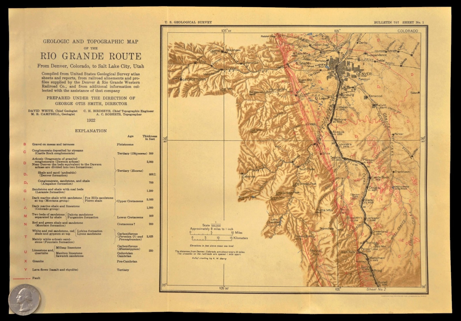 1922 Antique Denver Rio Grande Railroad Map Castle Rock Colorado Parker Husted