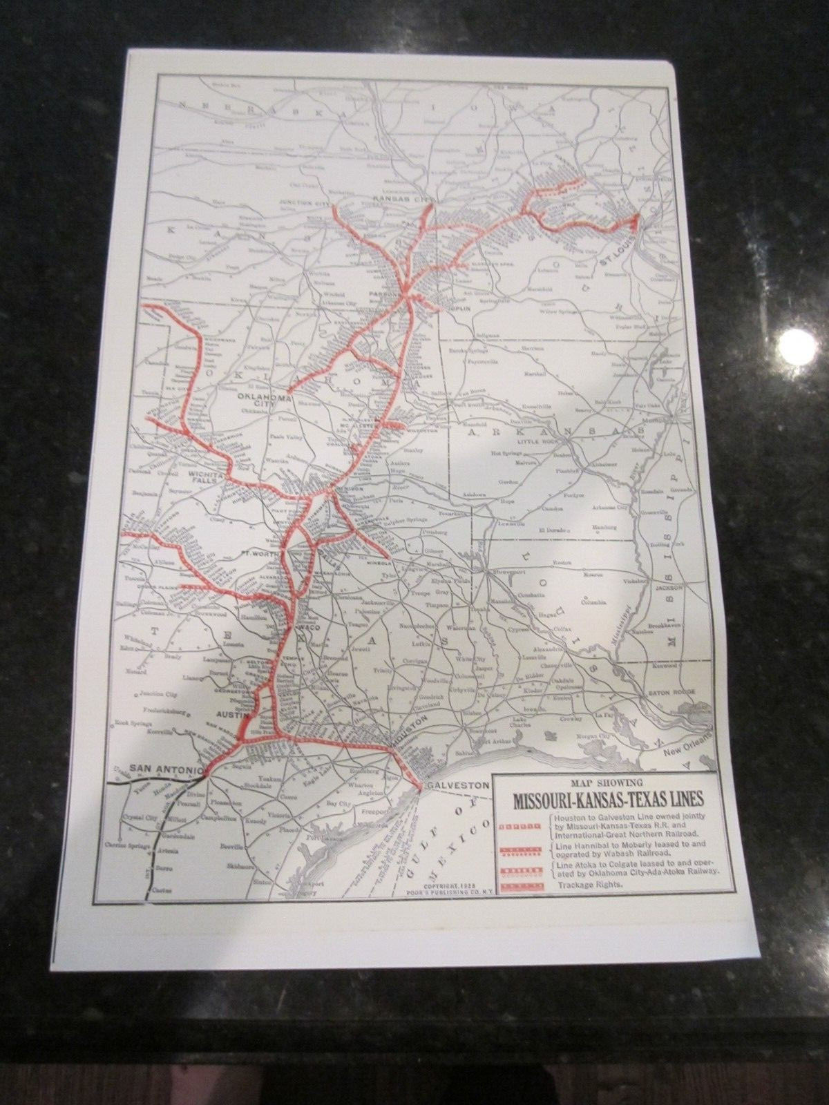 1928 MAP OF MISSOURI KANSAS TEXAS LINES RAILROAD – 17″ X 11″ – HEAVY STOCK PAPER