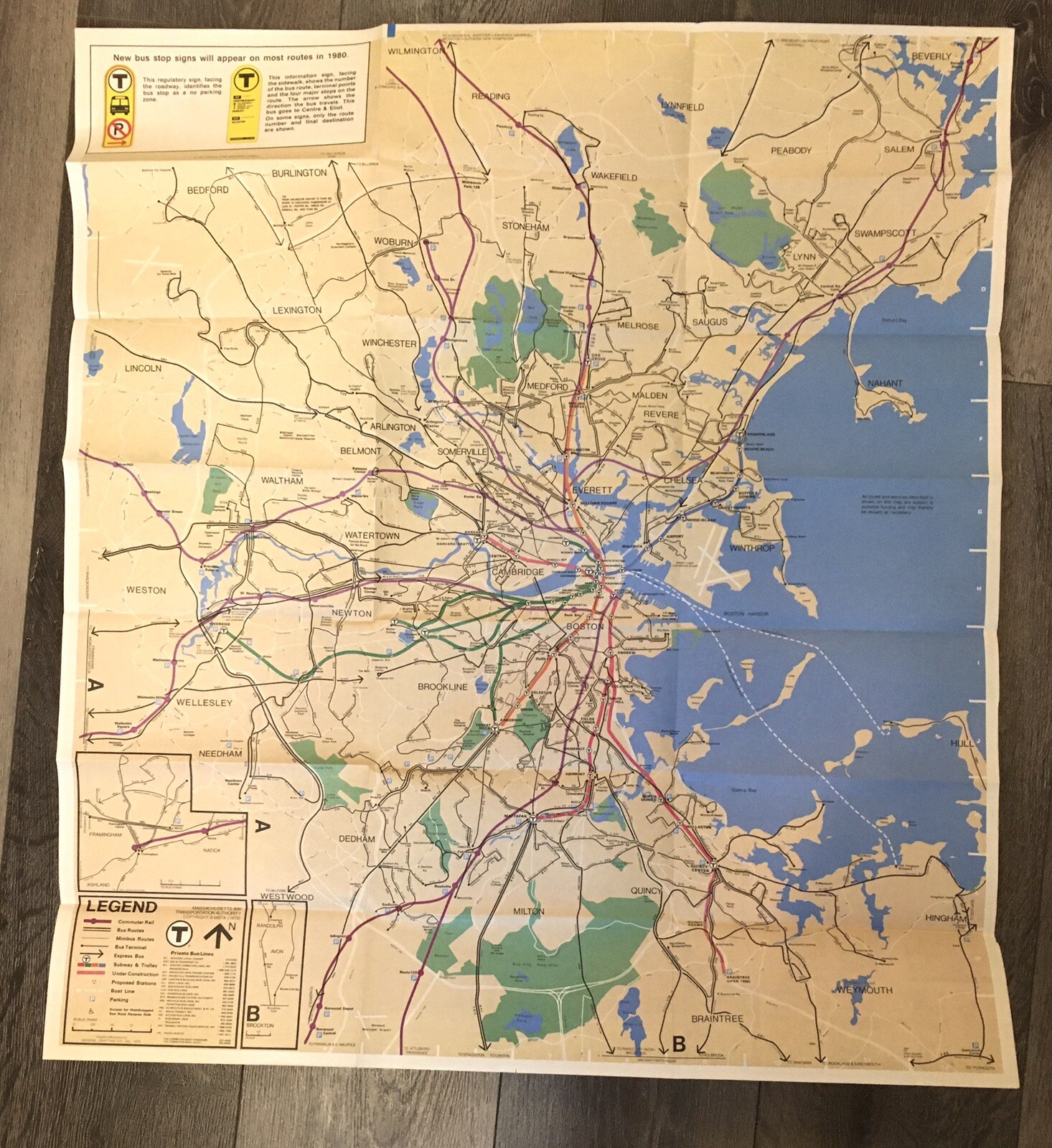 1980 MBTA MASSACHUSETTS BAY TRANSPORTATION AUTHORITY SYSTEM MAP SUBWAY BUS RAIL
