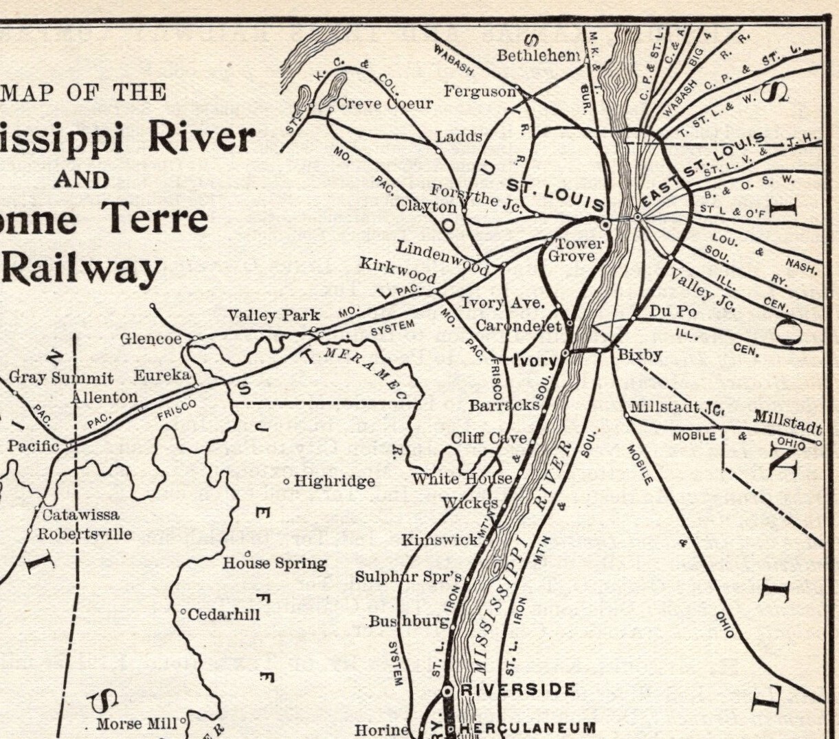 1908 Antique Mississippi River and Bonne Terre Railway Map Railroad Map #1940