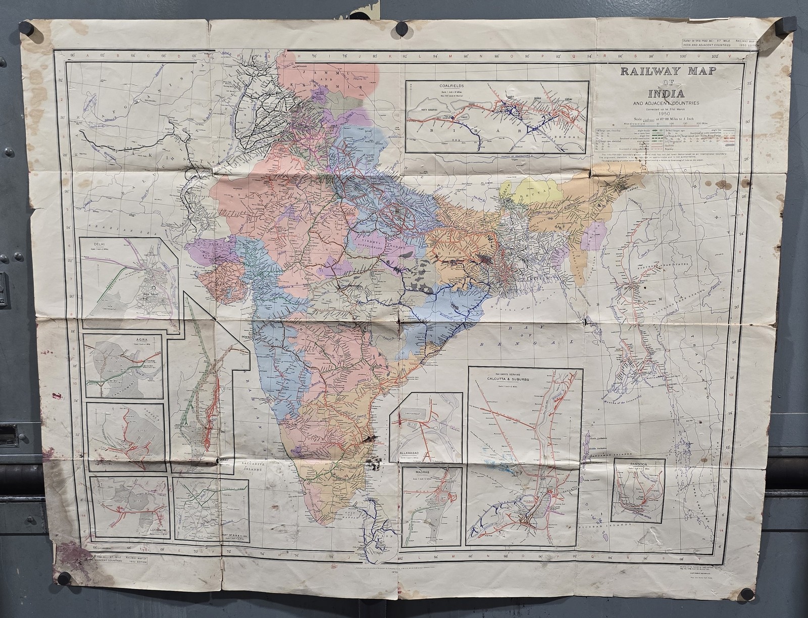 Vintage 1950s Railway Map of India Delhi Madras Calcutta Coalfields 42×32