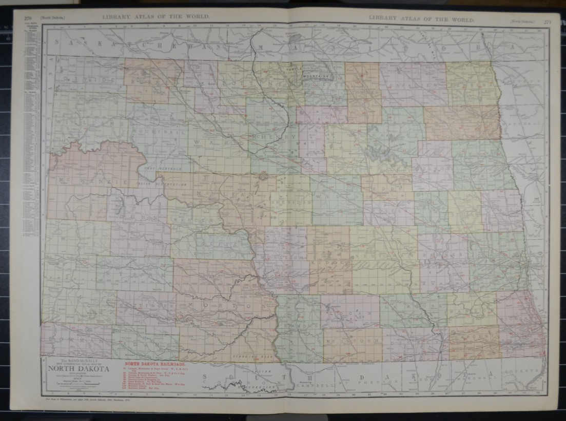 NORTH DAKOTA – 1912 – RAND-McNALLY NEW COMMERCIAL ATLAS – SHOWS RAILROADS