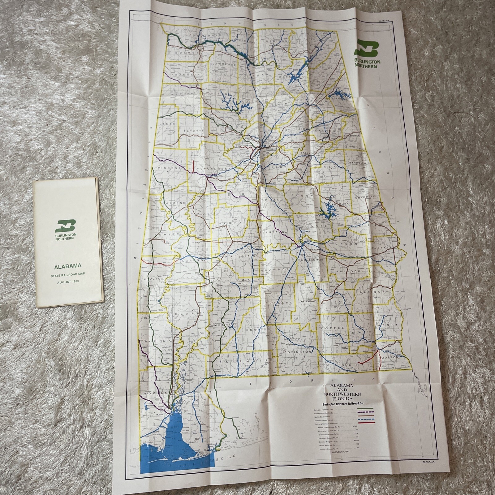 Burlington Northern Railroad 1983 Alabama State Railroad Map in sleeve PR1