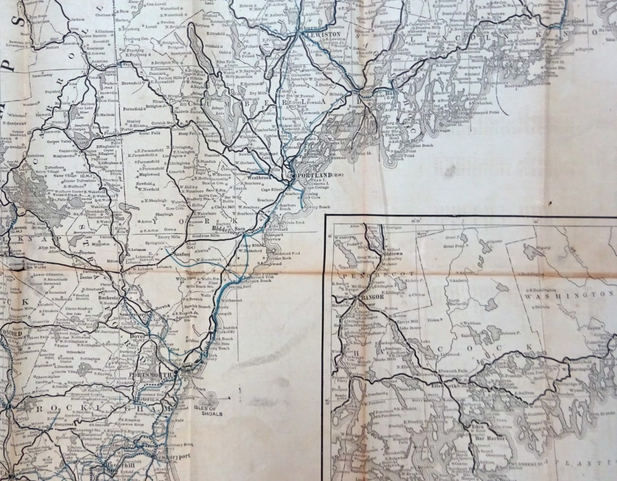 1913 FOLDING RAILROAD MAP NEW ENGLAND COMMERCIAL ROUTE SURVEY 45″x34″ BULLARD Co