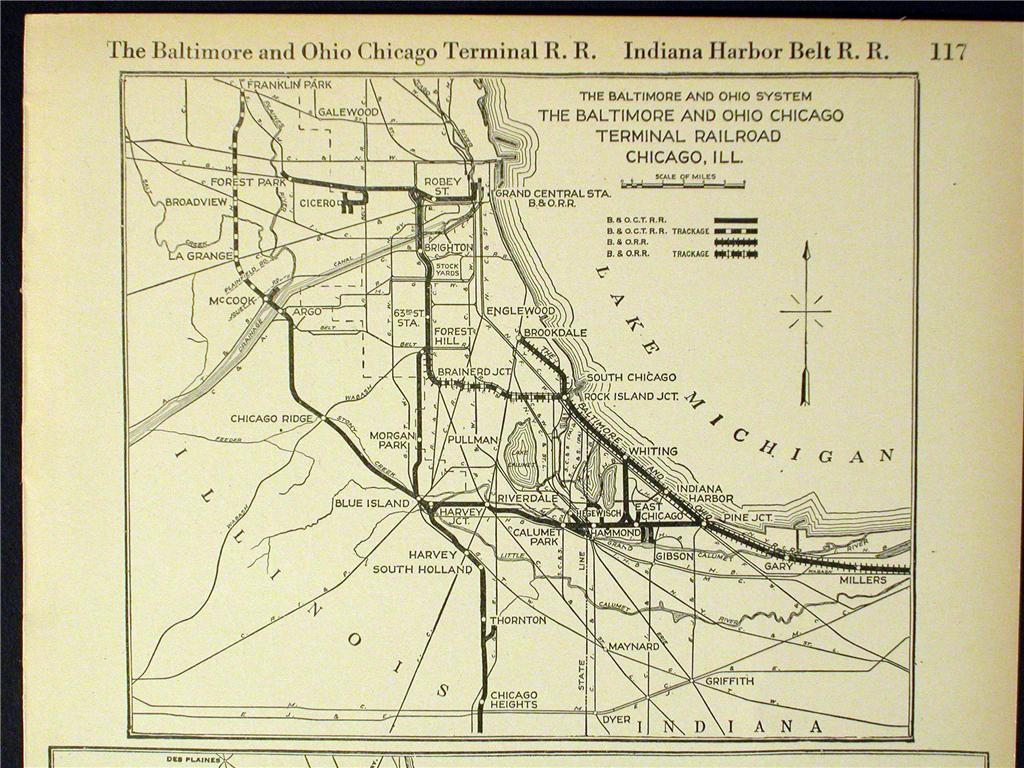 1921 BALTIMORE & OHIO CHICAGO TERMINAL RAILROAD SYSTEM MAP DEPOTS + IHB IL RR