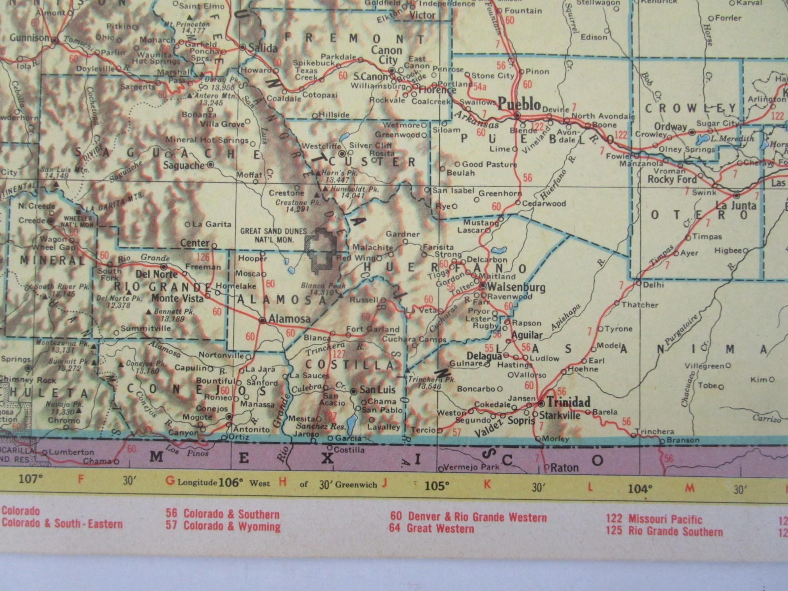 CO CT 1952 COLORADO TOPO RAILROAD Map SAN LUIS VALLEY CENTRAL RR or CONNECTICUT