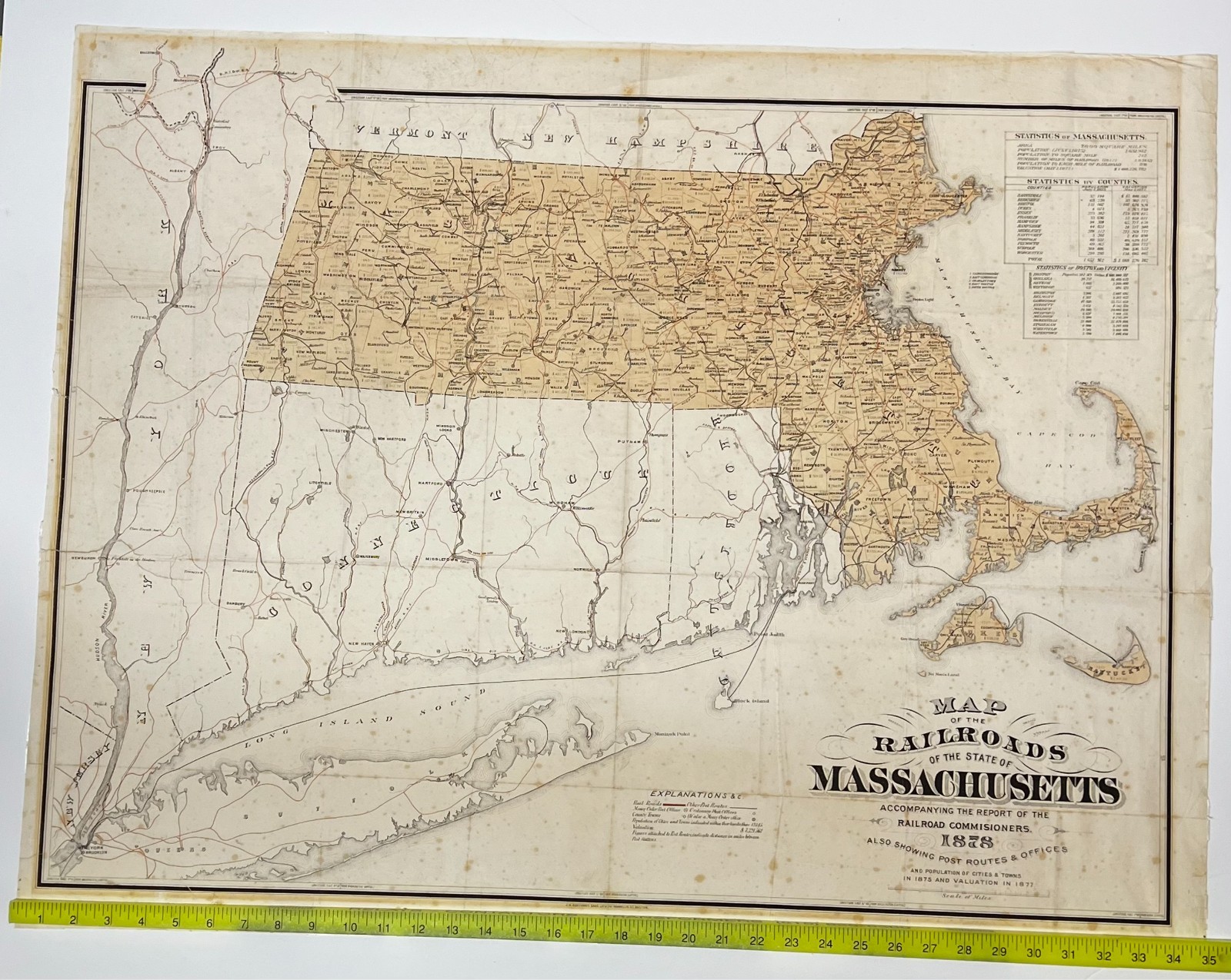 Original 1878 Map of the Railroads of the State of Massachusetts. Big Map