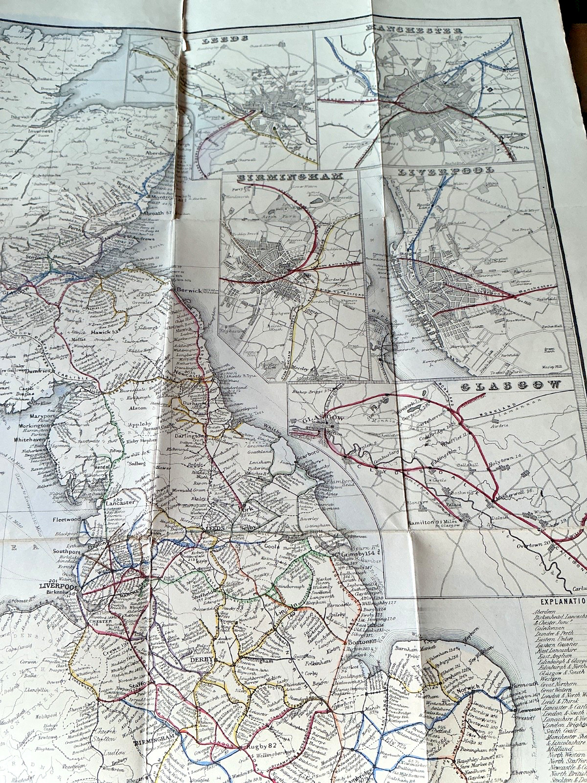 1856 Bradshaws Antique Folding Railway Map Great Britain W.J. Adams London