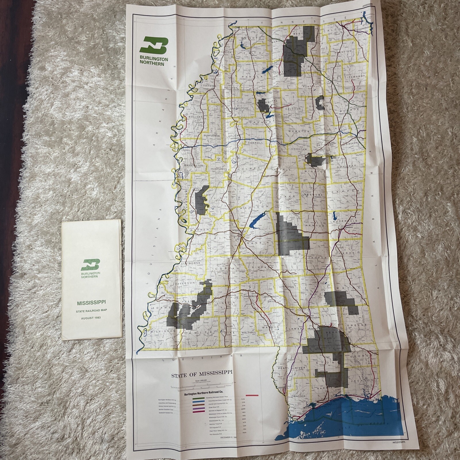 Burlington Northern Railroad 1983 Mississippi State Railroad Map in sleeve PR1