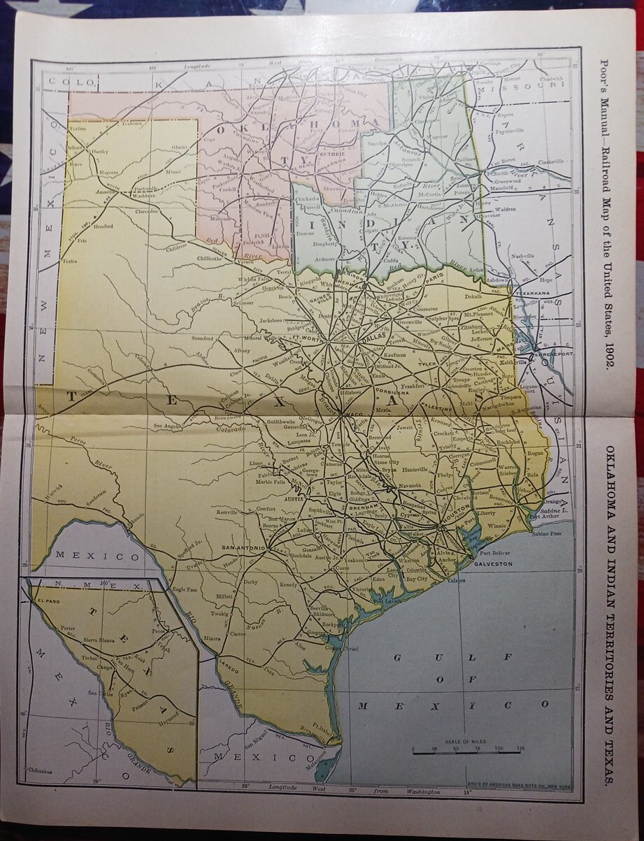 1902 Train Route Map INDIAN TERRITORY TEXAS OK Railroad Lines Stations 11″×9″