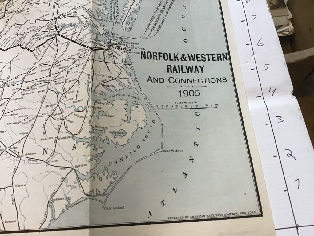 vintage railroad map: 18×24″ NORFOLK & WESTERN Railway dec 1905