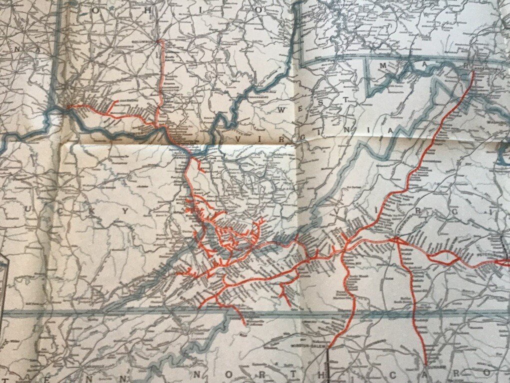 vintage railroad map: 33×22″ NORFOLD & WESTERN Railway dec 31, 1952
