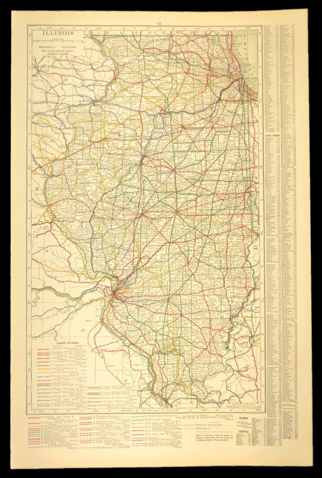 1914 Antique Map of ILLINOIS Railroads Map ORIGINAL Atlas Map DATED