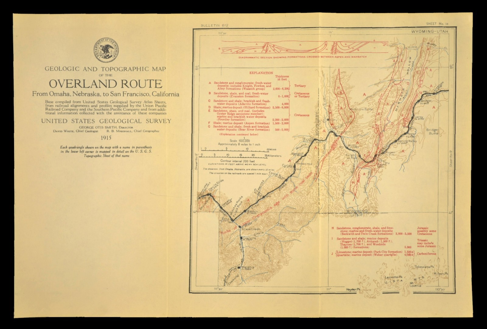 Antique Union Pacific Railroad Map Evanston Wyoming Aspen WY Devils Slide