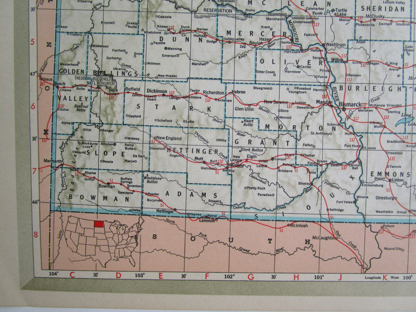 ND OH 1951 NORTH DAKOTA RAILROAD MAP. SOO, C&NW, GN or OHIO 1950s C&O, NKP, W&LE
