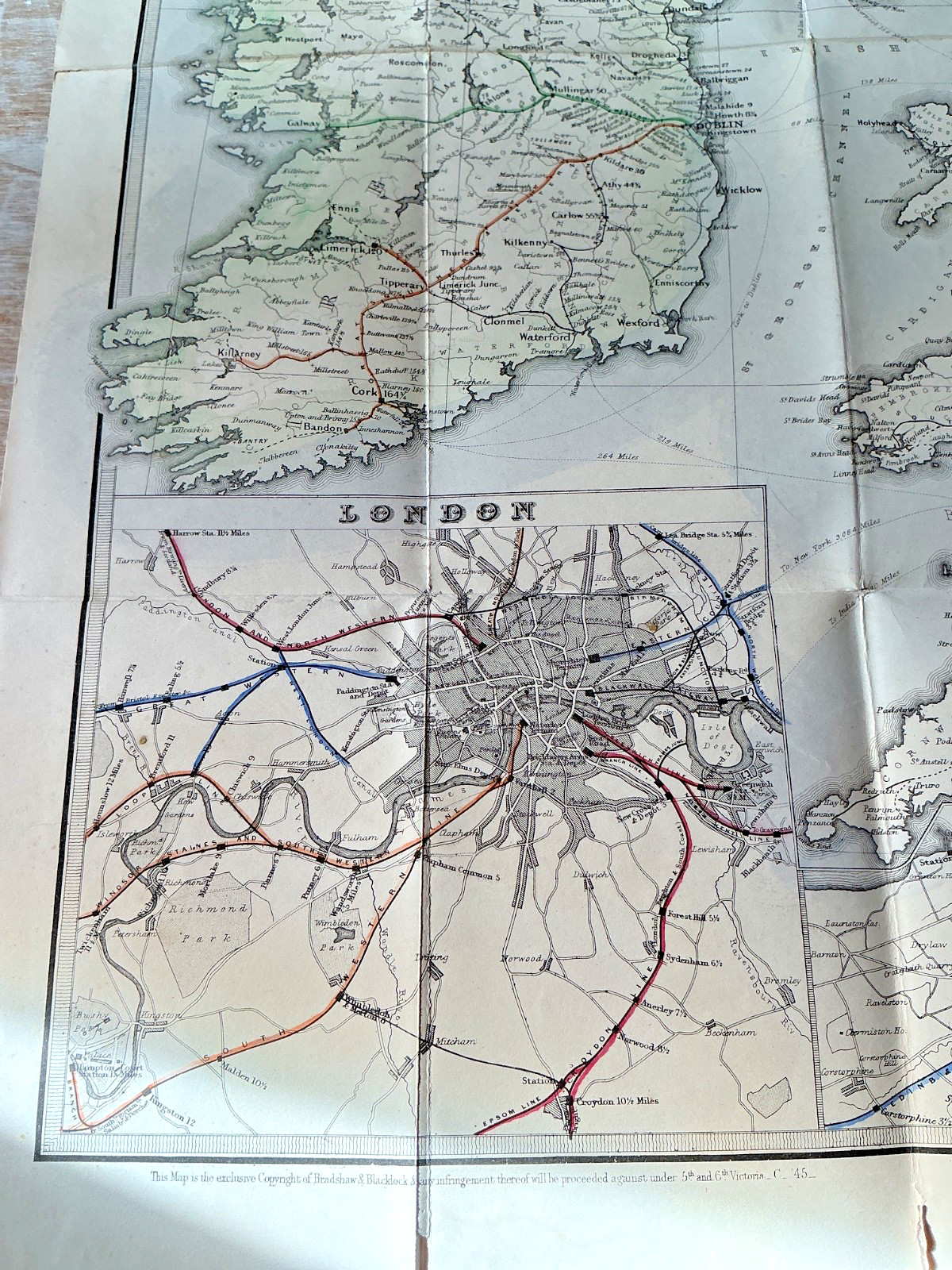 1856 Bradshaws Antique Folding Railway Map Great Britain W.J. Adams London