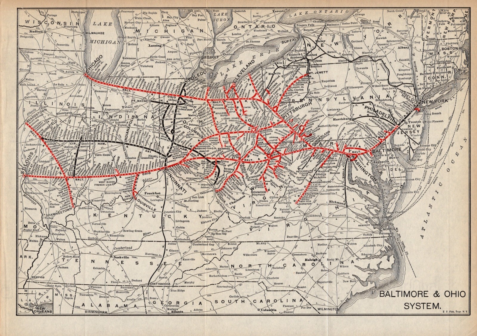 1912 Antique Baltimore & Ohio Railroad Map Vintage Railway Map 2394