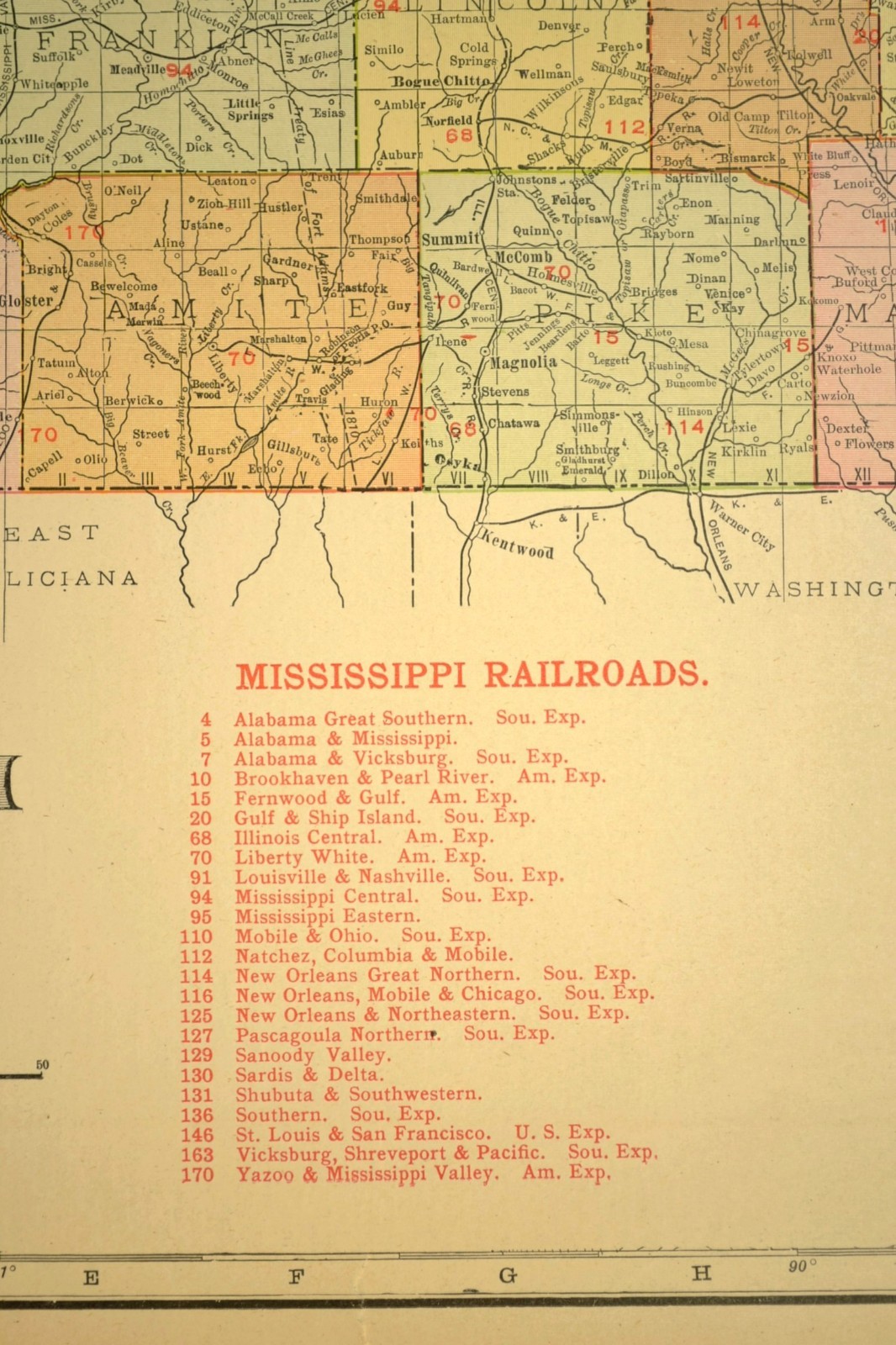 1911 Antique Mississippi Railroad Map ORIGINAL Atlas Map Y&MV RR GSI RR DATED