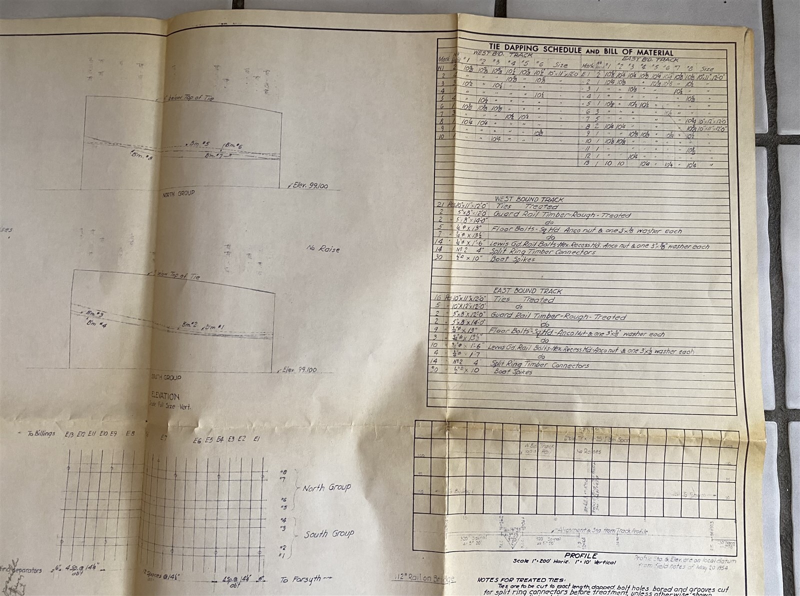 1954 Blueprint Drawing Northern Pacific Railroad Tie Paln Bridge Huntley Montana