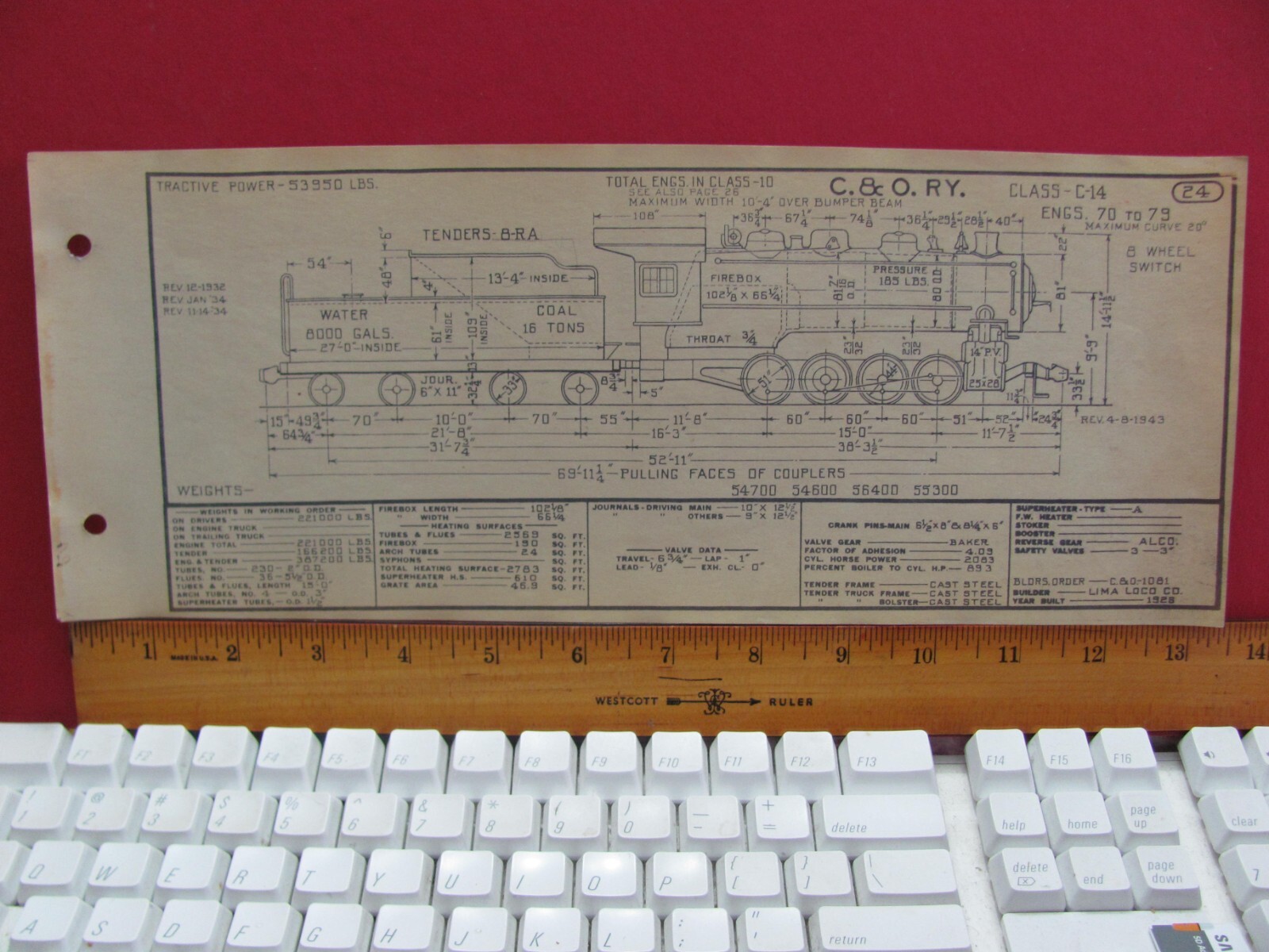 CHESAPEAKE & OHIO RAILROAD ORIG PRINTED DIAGRAM CLASS C-14 LOCOMOTIVE #70 – #79