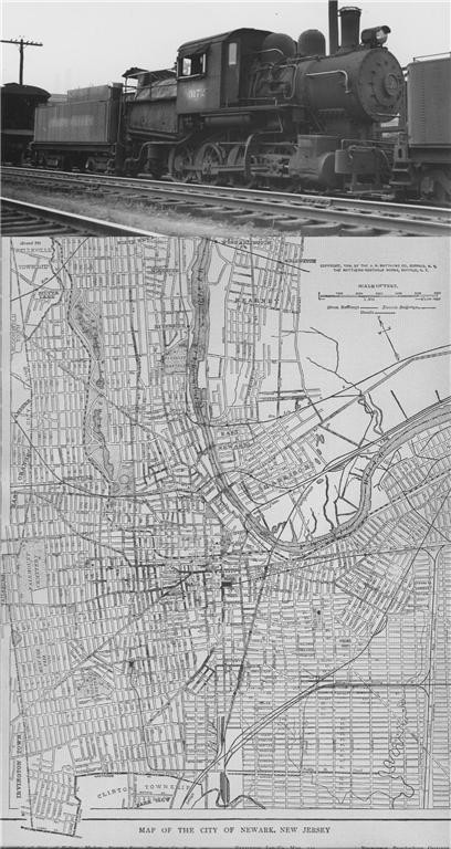 1904 NEWARK NEW JERSEY HISTORY RAILROAD STEET MAP + LV RR RR OR TROLLEY PHOTO