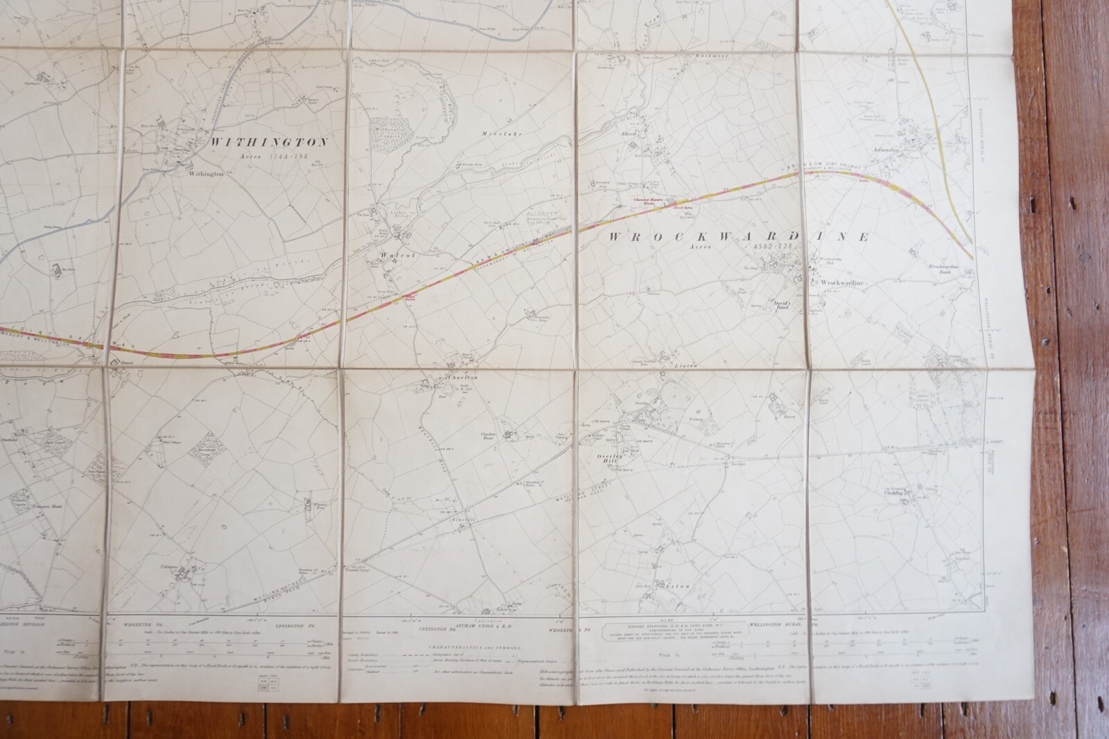 1902 Rodington Upton Magna Shropshire Stanford Ordance Railway Linen Map
