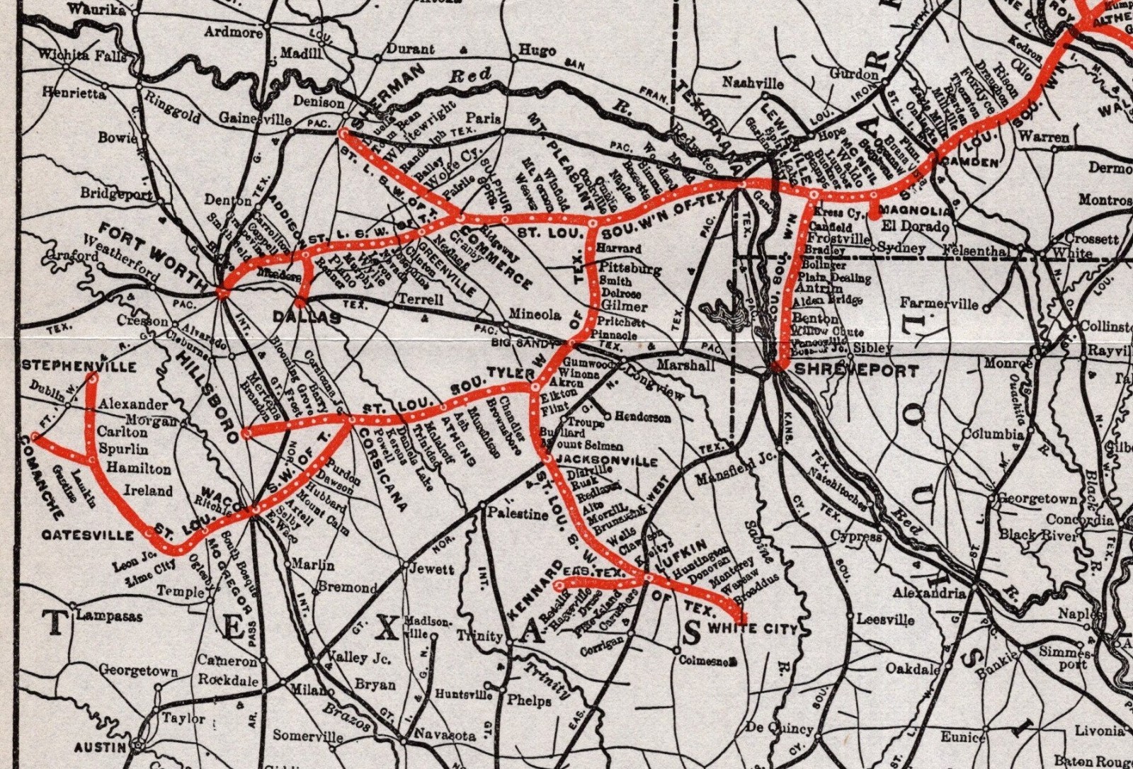 1914 Antique ST LOUIS SOUTHWESTERN RAILWAY Map Cotton Belt Route Map 2802