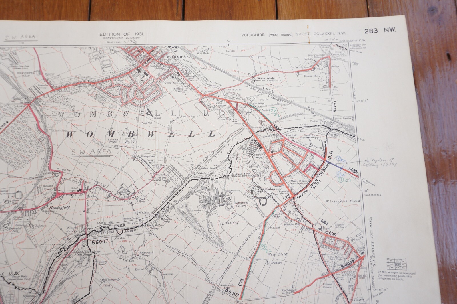 1931 Wombwell Yorkshire LNER Railway OS Linen Map Ref 6