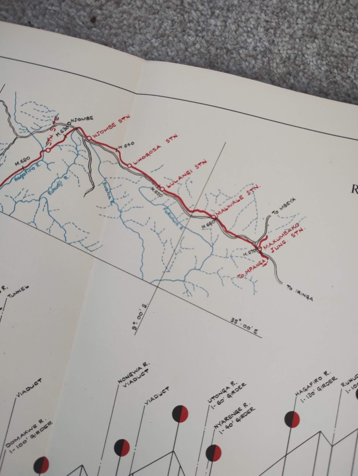 1952 Original East African Railways Map of Route: Ngaka to Makumbako (Tanzania)