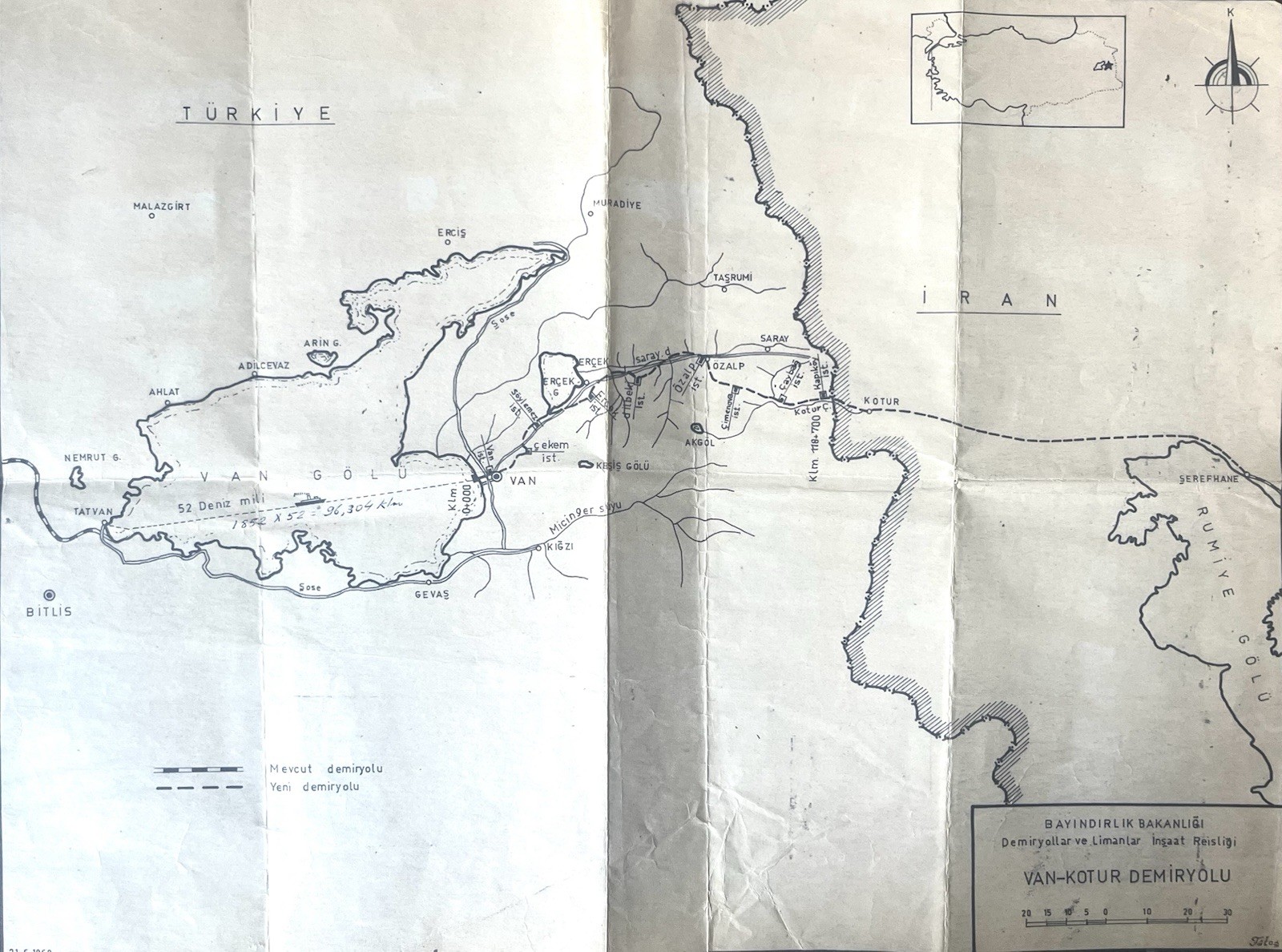 1969 Turkey Railway Map Van Kotur Demiryolu Govt Rail Line Plan Vintage