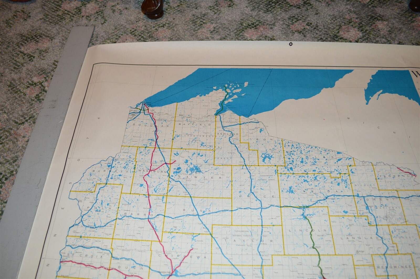 Large 1973 Burlington Northern Railroad Wisconsin Map Poster NO FOLDS
