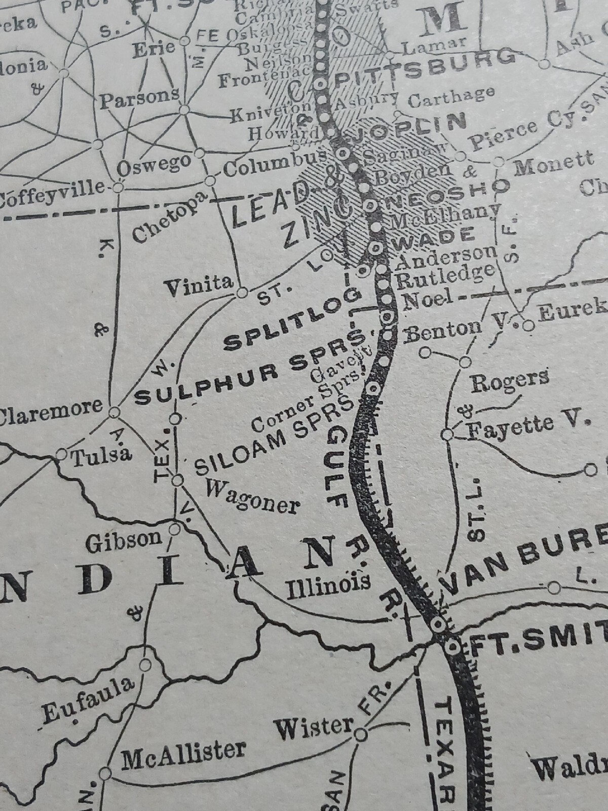 ☆1895 original train map KANSAS CITY PITTSBURGH & GULF RAILROAD routes stations
