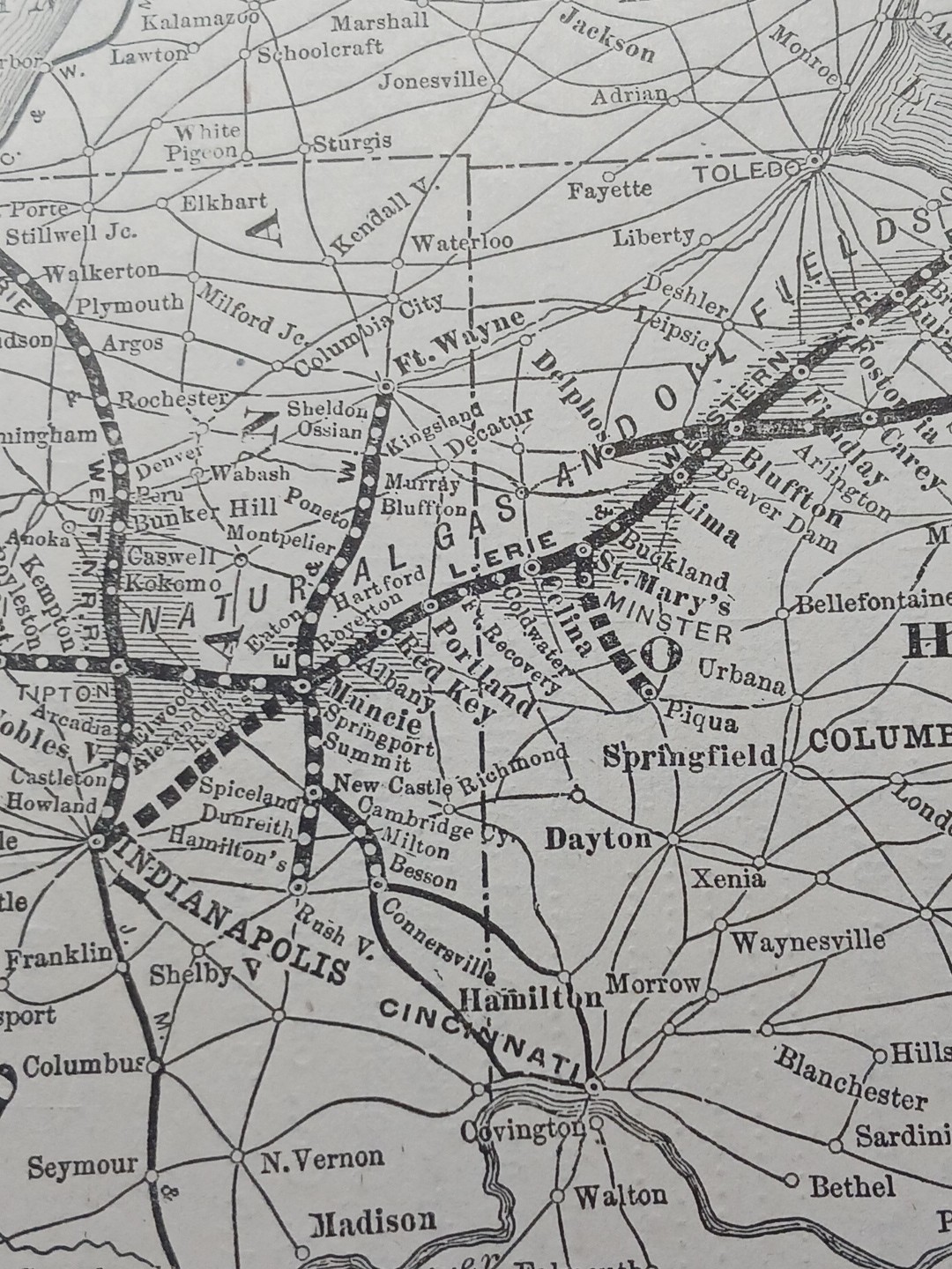 1897 Train Route Map LAKE ERIE & WESTERN RAILROAD with Gas & Oil Fields Marked