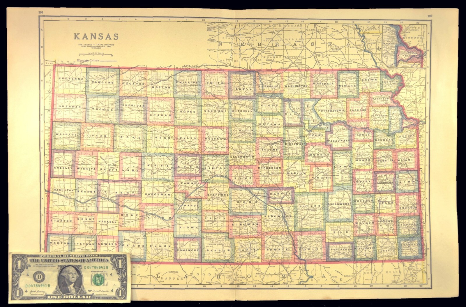 Antique KANSAS Map Railroad LARGE Original AT&SF Missouri Pacific RR MKT