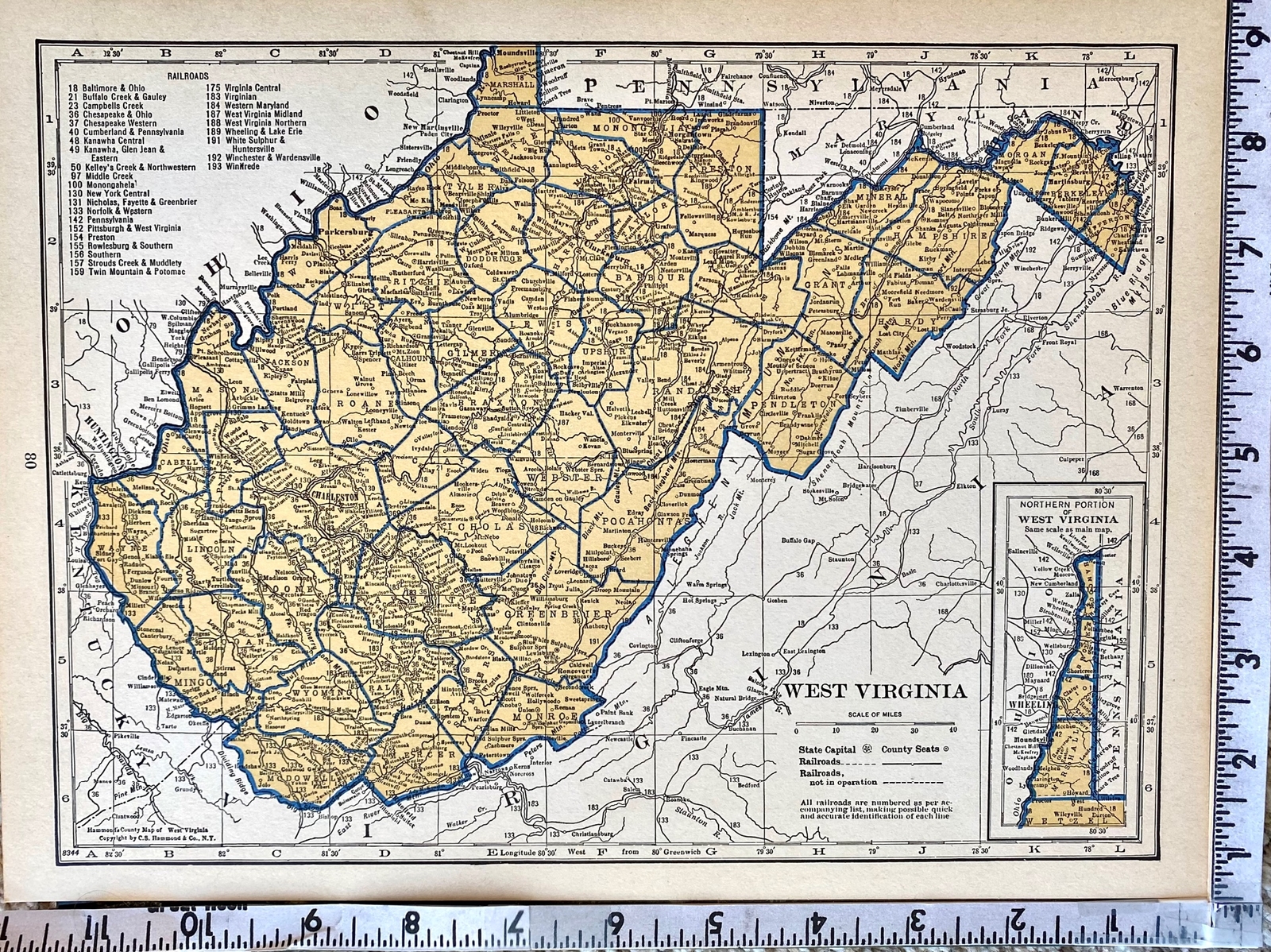 WEST VIRGINIA & WASHINGTON 1935 County & Railroad Maps. Hammond & Co. 9×12″ VG-F