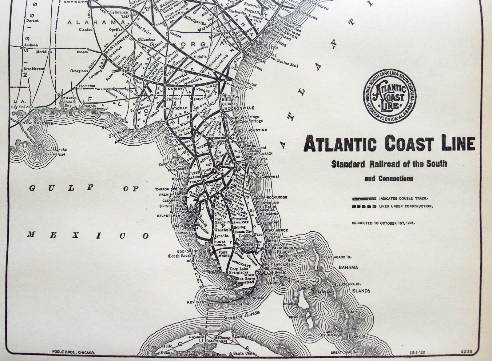 Atlantic Coast Line – Original 1929 Railroad Map by Poole Brothers. Railway