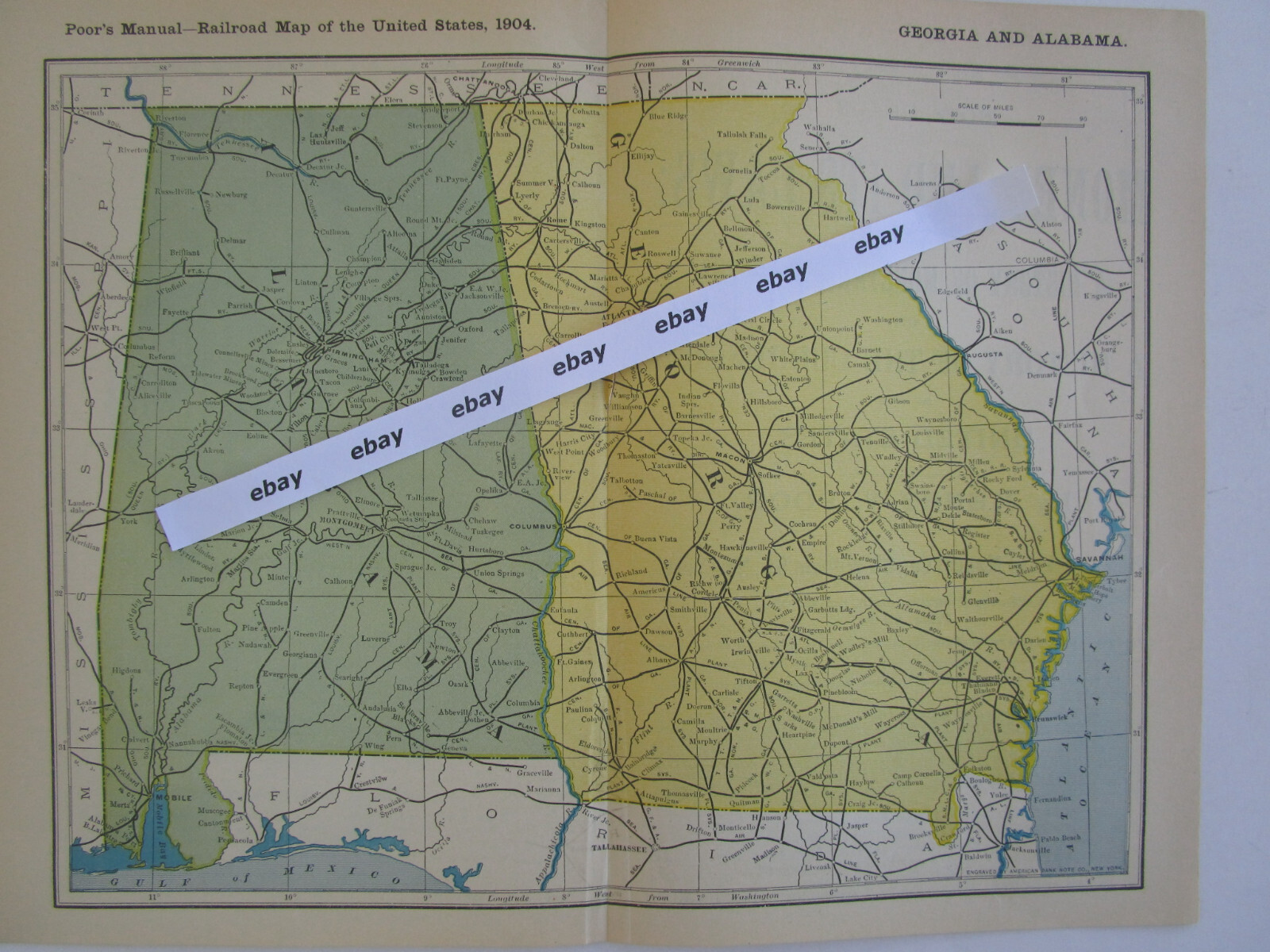 GA AL DATED 1904 Poor’s Manual Railroad Map of GEORGIA & ALABAMA. ABBEVILLE JCT