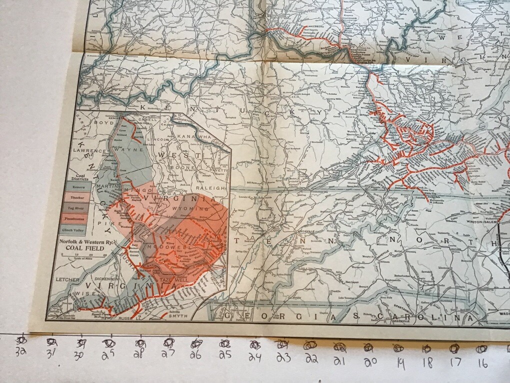 vintage railroad map: 22×32″ NORFOLK & WESTERN Railway 1936