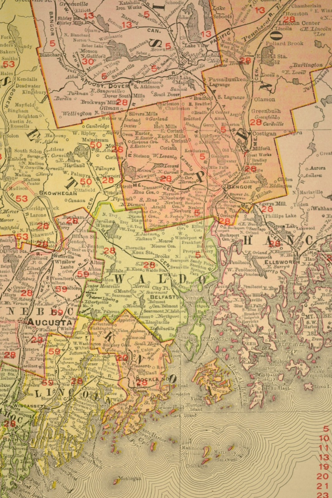 1907 Antique Map of Maine Railroad Map Large MEC RR BM RR Atlas Map DATED
