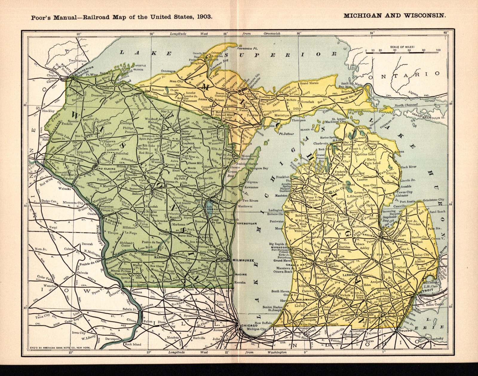 1903 Antique Michigan & Wisconsin Railroad Map Vintage Railway Map 2448