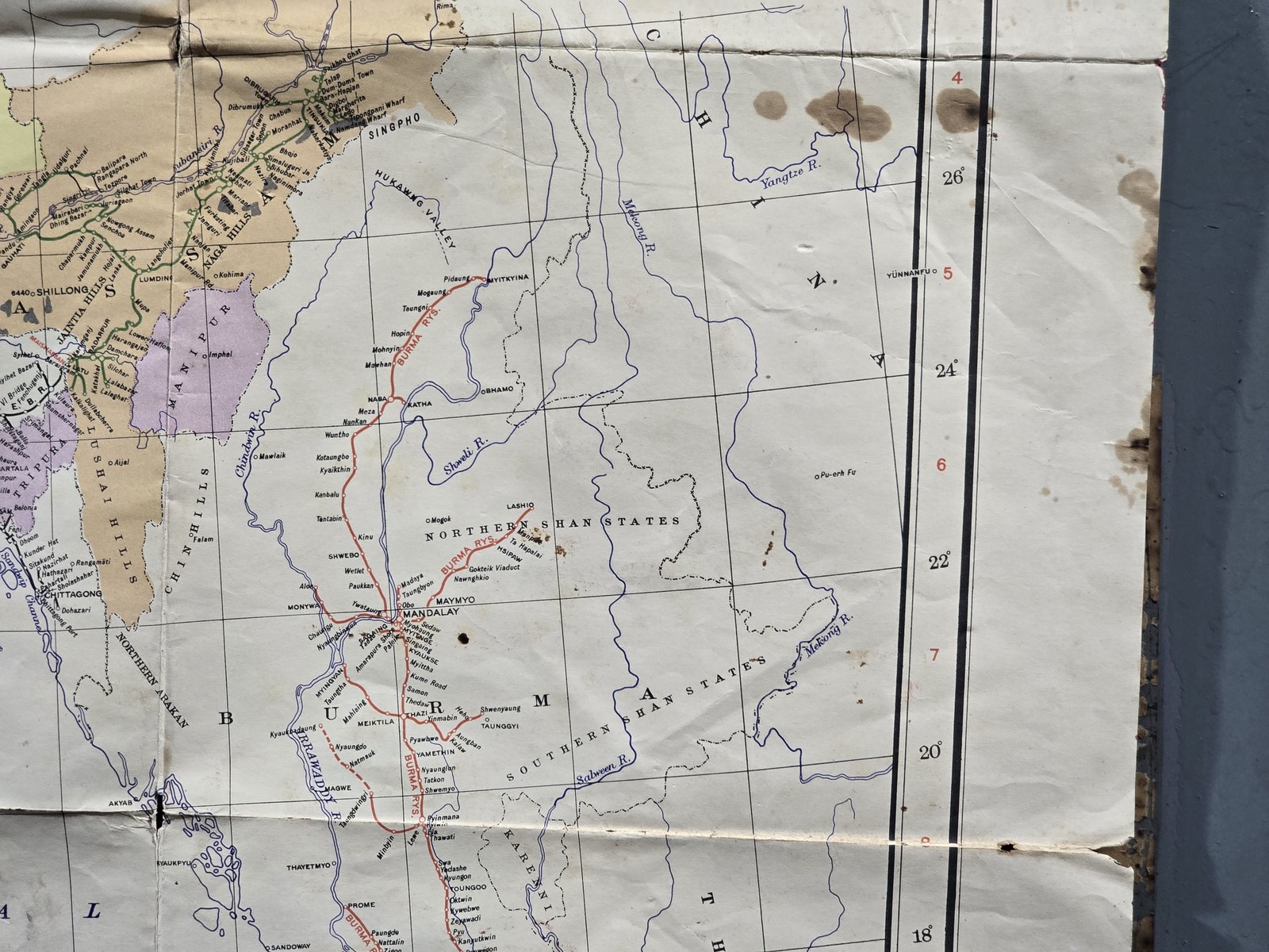 Vintage 1950s Railway Map of India Delhi Madras Calcutta Coalfields 42×32