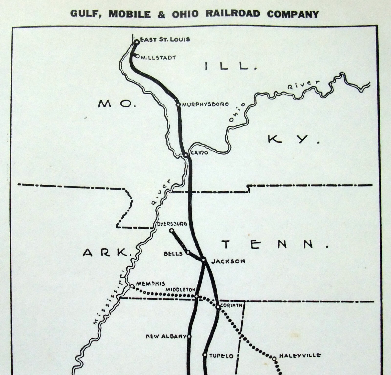 Gulf Mobile & Ohio Railroad – Original 1941 Route Map. Vintage