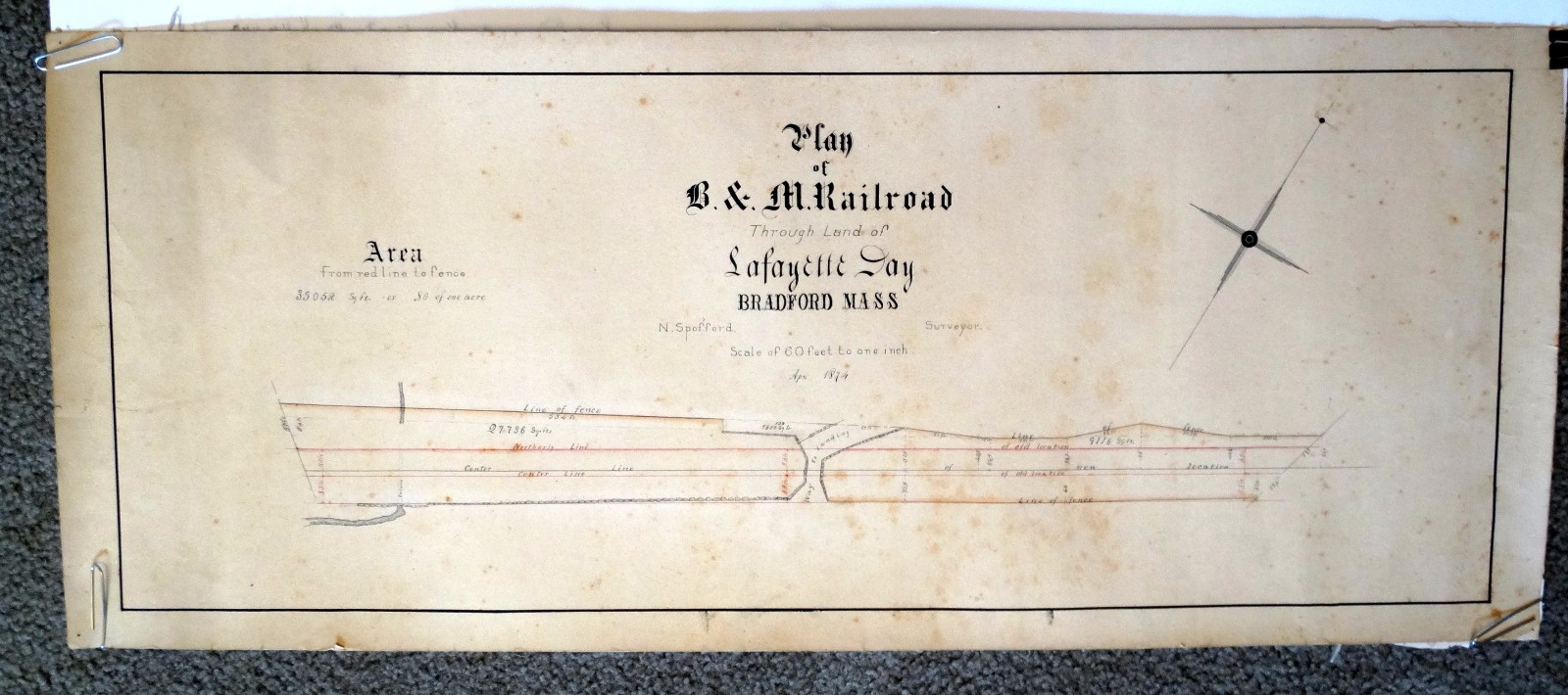 Antique RAILROAD MAP Lot of 2 BRADFORD MA April 1874 B & M Survey Lafayette Day
