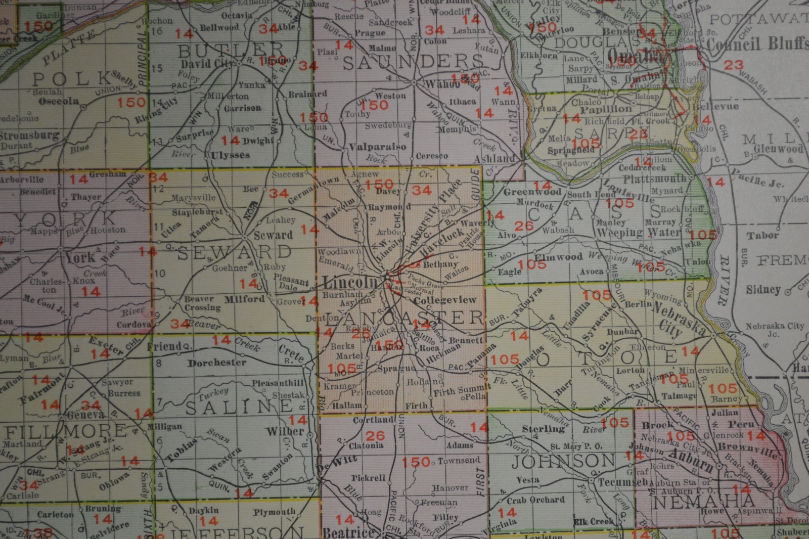 NEBRASKA – 1912 – RAND-McNALLY NEW COMMERCIAL ATLAS – SHOWS RAILROADS