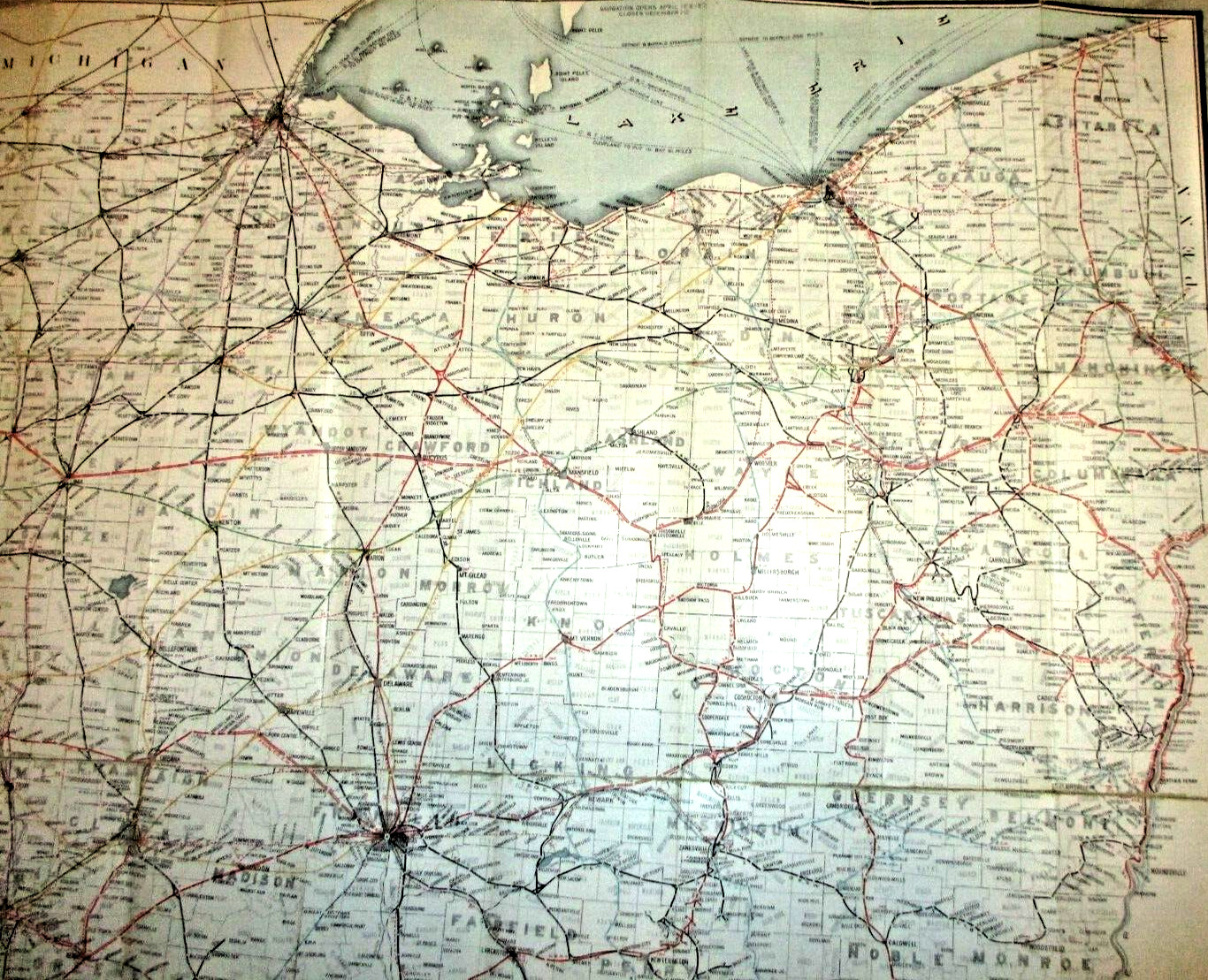 Ohio Railway map linen backing vintage 1905 train transportation collectible