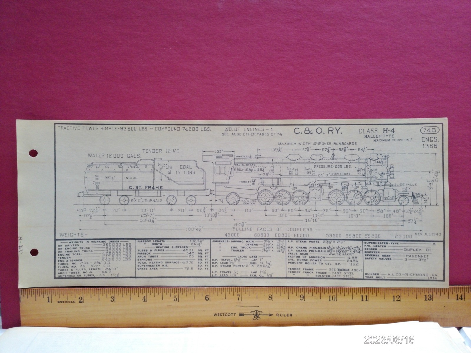 CHESAPEAKE & OHIO RAILROAD ORIG PRINTED DIAGRAM CLASS H-4 LOCOMOTIVE #1366