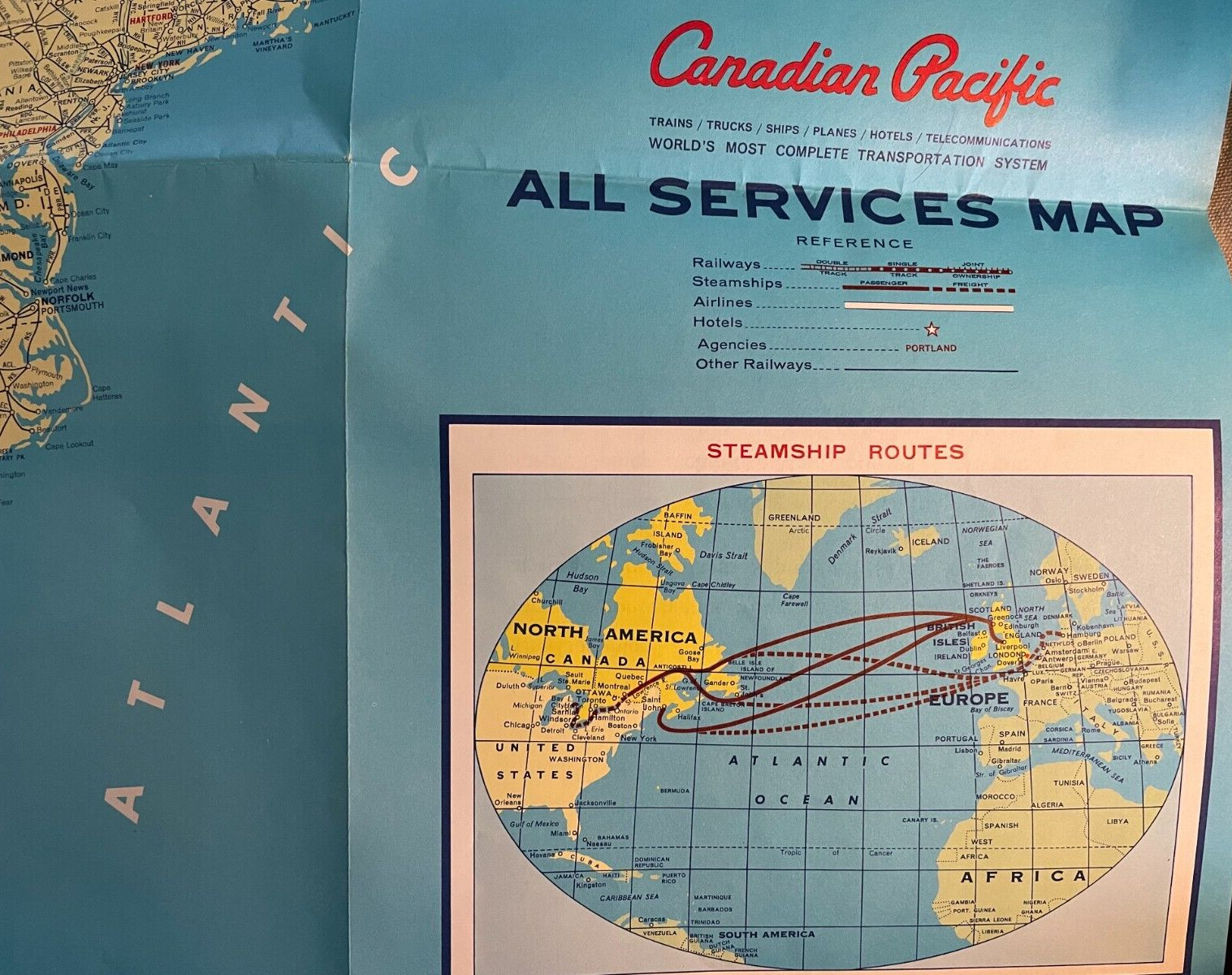 CANADIAN PACIFIC ALL SERVICES MAP, 1962 RAILWAYS, AIRLINES. VG.