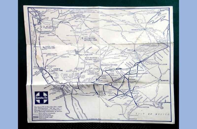 1947 vintage SANTA FE MAP w TRIP ITINERARY & HANDWRITTEN PRICES myers warren oh