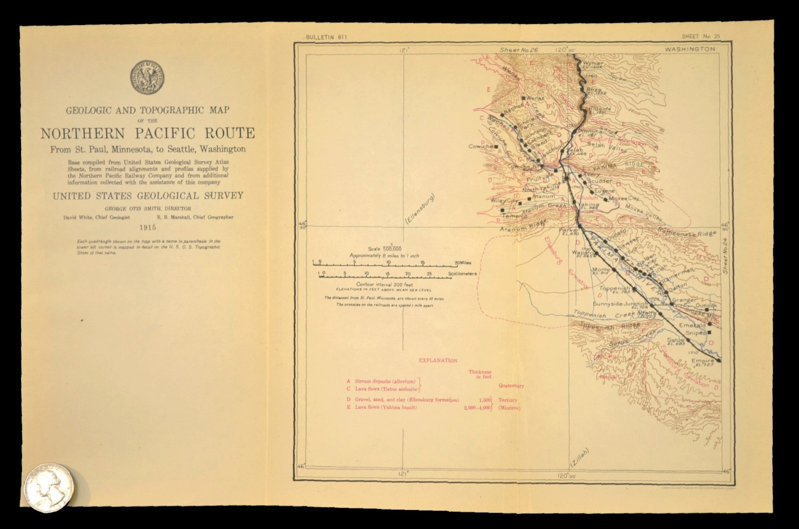 1915 Antique Northern Pacific Railroad Map Yakima Washington Toppenish WA OWR&N
