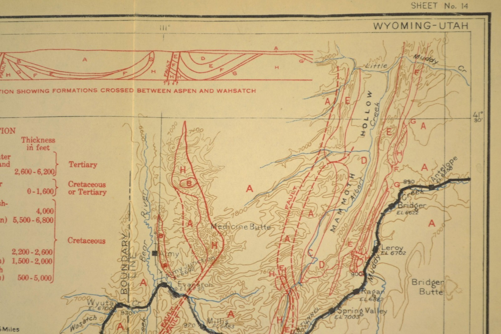 Antique Union Pacific Railroad Map Evanston Wyoming Aspen WY Devils Slide